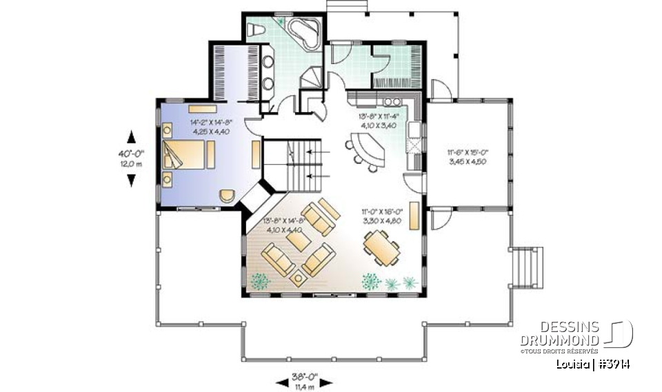 Rez-de-chaussée - Plan de chalet avec grande terrasse, 3 chambres, chambre parents rdc, abri moustiquaire et foyer deux faces - Louisia