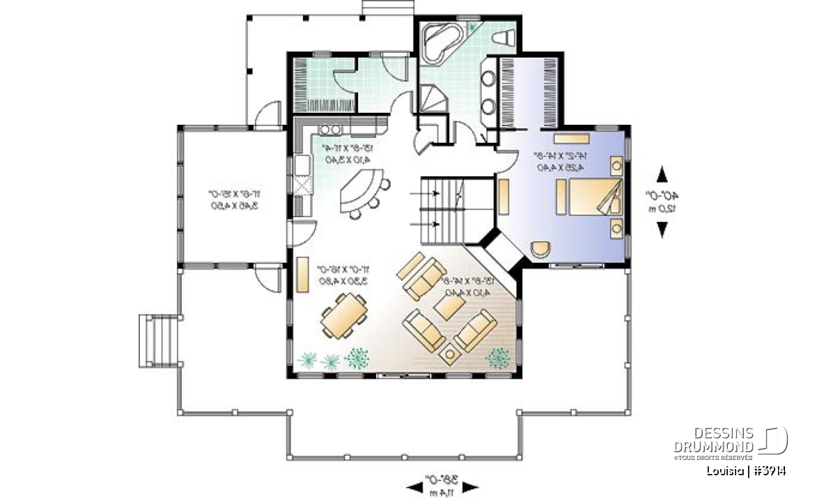 Rez-de-chaussée - Plan de chalet avec grande terrasse, 3 chambres, chambre parents rdc, abri moustiquaire et foyer deux faces - Louisia