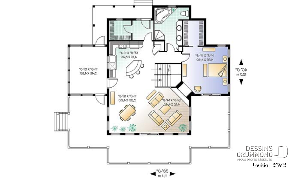 Rez-de-chaussée - Plan de chalet avec grande terrasse, 3 chambres, chambre parents rdc, abri moustiquaire et foyer deux faces - Louisia