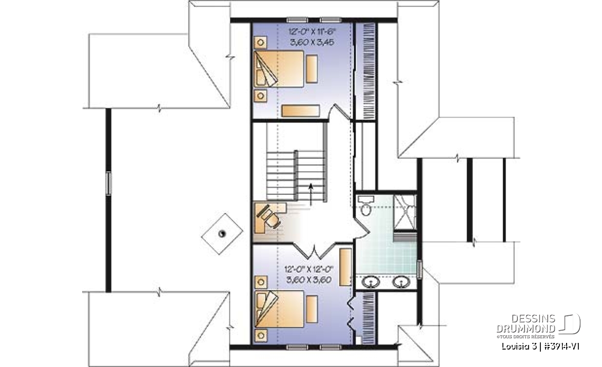 Étage - Plan de chalet rustique au bord de l'eau, 3 chambres, garage sous la maison, coin bureau, mezzanine, solarium  - Louisia 3