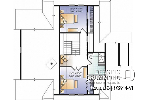 Étage - Plan de chalet rustique au bord de l'eau, 3 chambres, garage sous la maison, coin bureau, mezzanine, solarium  - Louisia 3