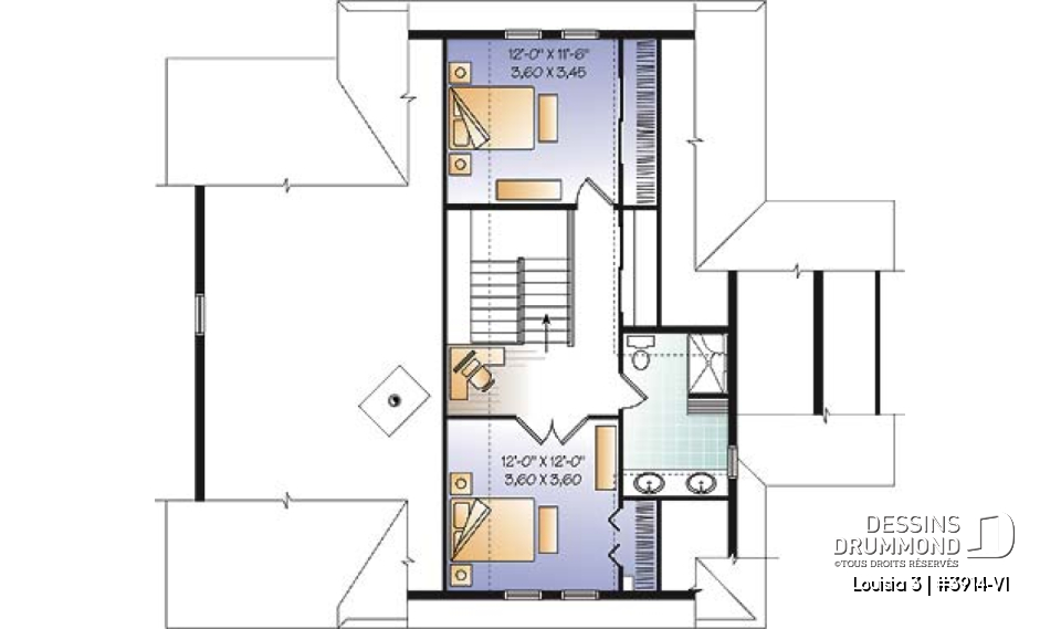 Étage - Plan de chalet rustique au bord de l'eau, 3 chambres, garage sous la maison, coin bureau, mezzanine, solarium  - Louisia 3