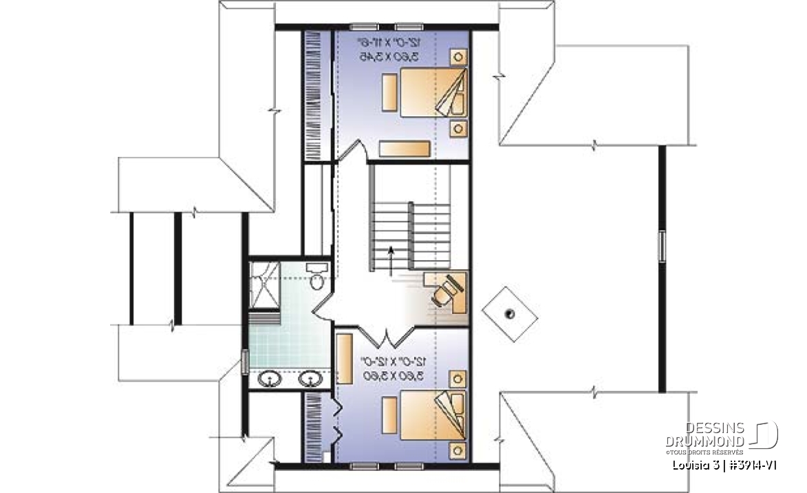 Étage - Plan de chalet rustique au bord de l'eau, 3 chambres, garage sous la maison, coin bureau, mezzanine, solarium  - Louisia 3
