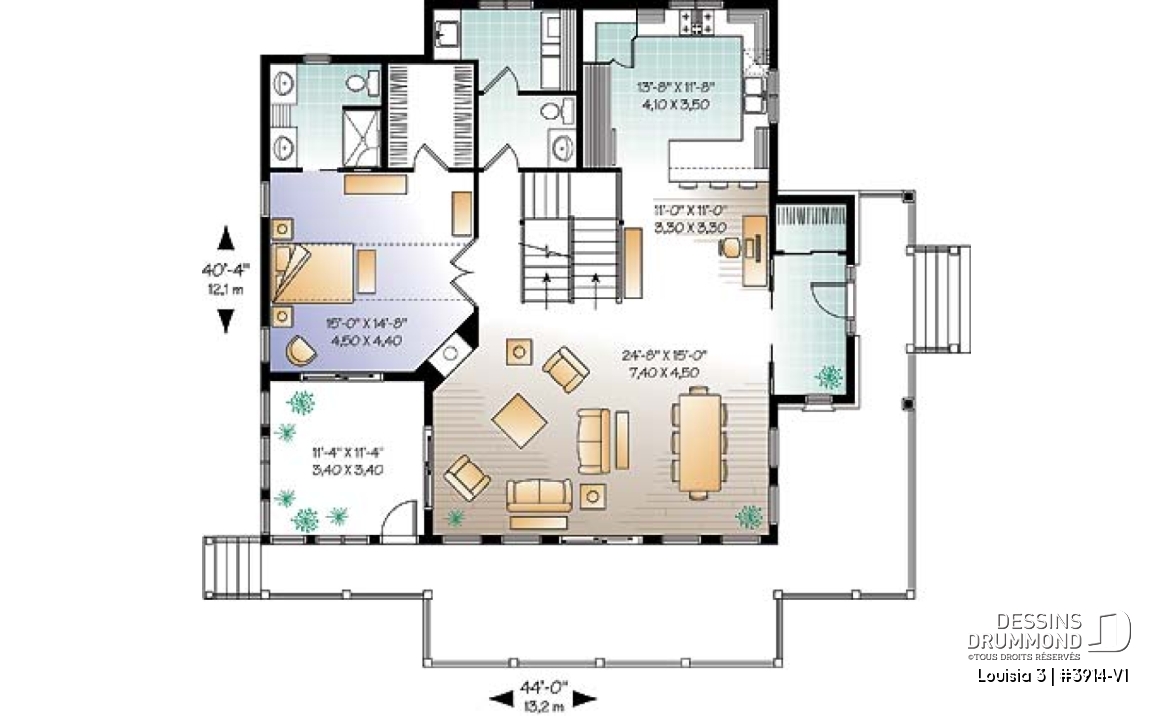 Rez-de-chaussée - Plan de chalet rustique au bord de l'eau, 3 chambres, garage sous la maison, coin bureau, mezzanine, solarium  - Louisia 3