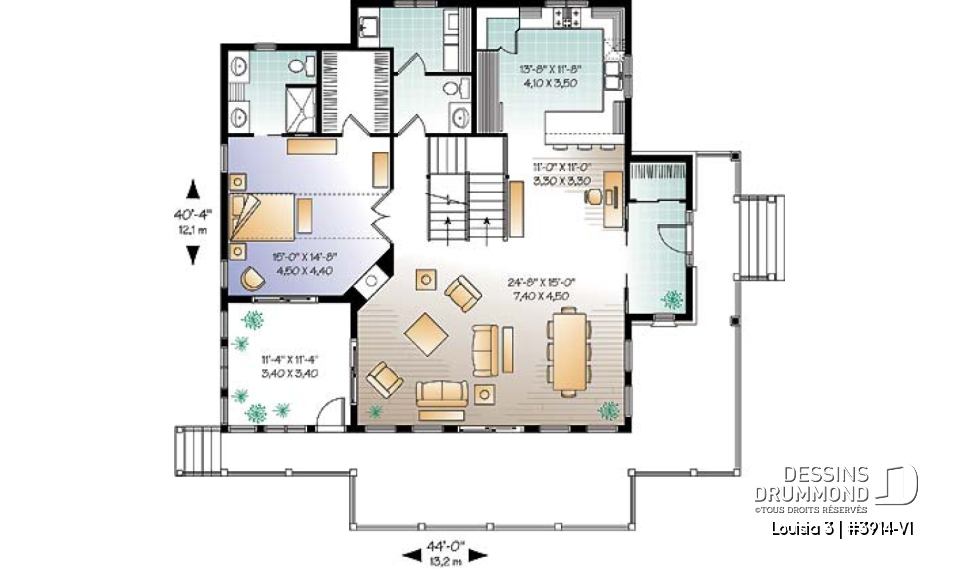 Rez-de-chaussée - Plan de chalet rustique au bord de l'eau, 3 chambres, garage sous la maison, coin bureau, mezzanine, solarium  - Louisia 3