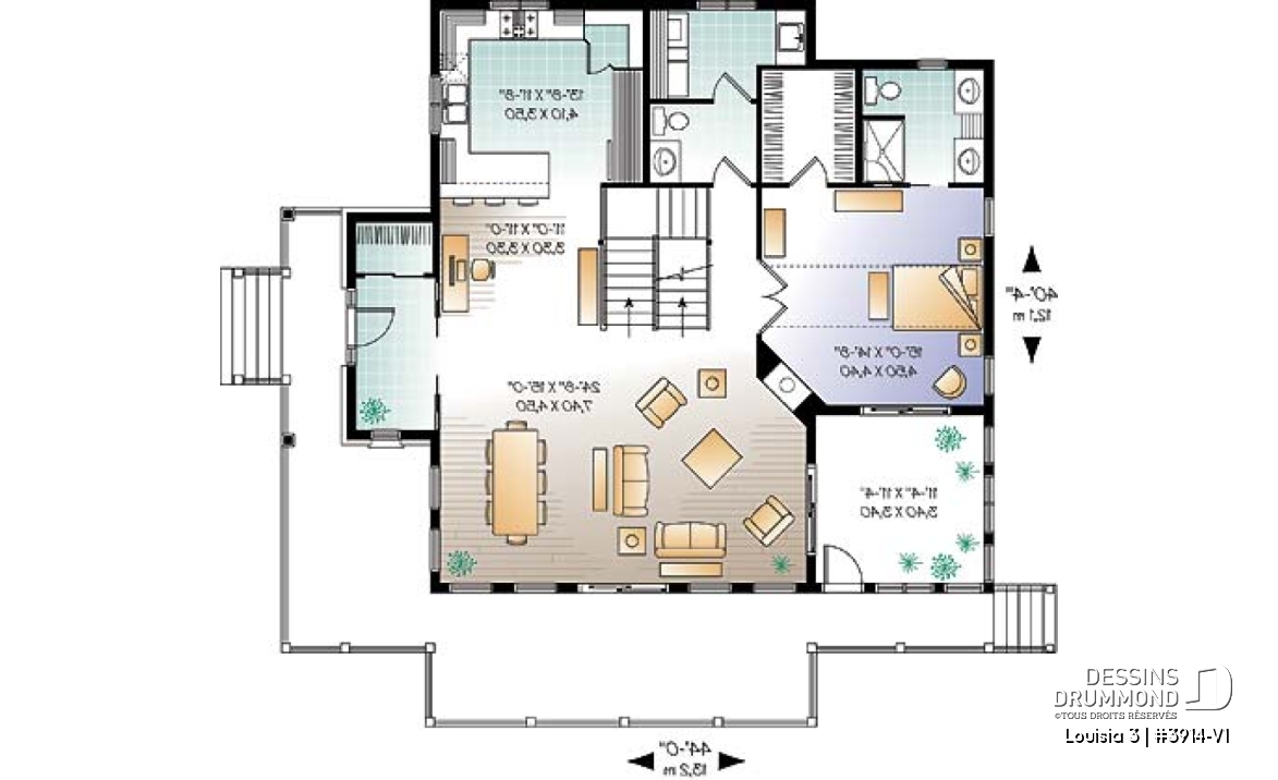 Rez-de-chaussée - Plan de chalet rustique au bord de l'eau, 3 chambres, garage sous la maison, coin bureau, mezzanine, solarium  - Louisia 3