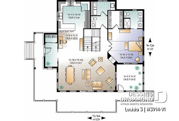Rez-de-chaussée - Plan de chalet rustique au bord de l'eau, 3 chambres, garage sous la maison, coin bureau, mezzanine, solarium  - Louisia 3