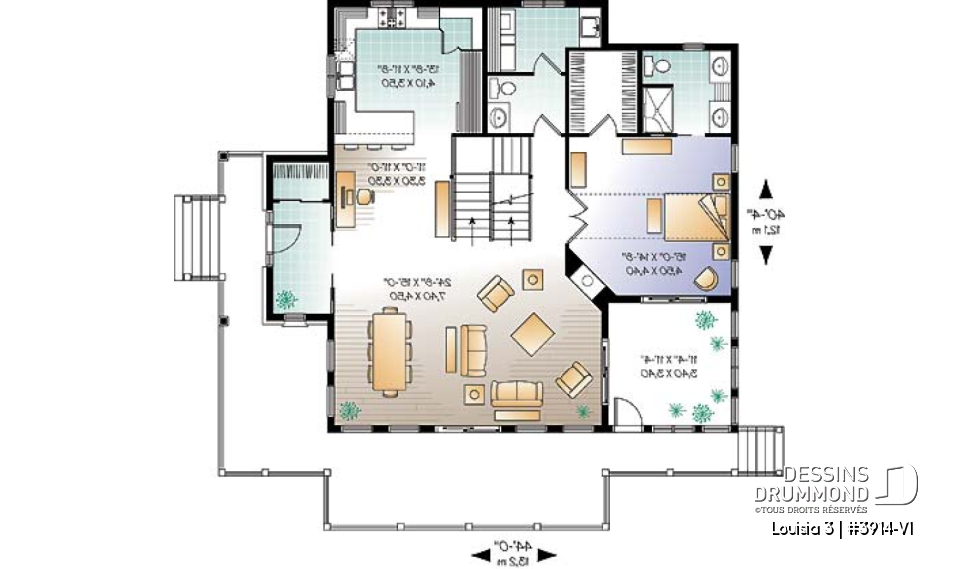 Rez-de-chaussée - Plan de chalet rustique au bord de l'eau, 3 chambres, garage sous la maison, coin bureau, mezzanine, solarium  - Louisia 3