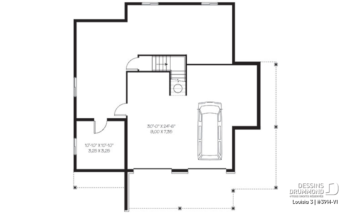 Sous-sol - Plan de chalet rustique au bord de l'eau, 3 chambres, garage sous la maison, coin bureau, mezzanine, solarium  - Louisia 3