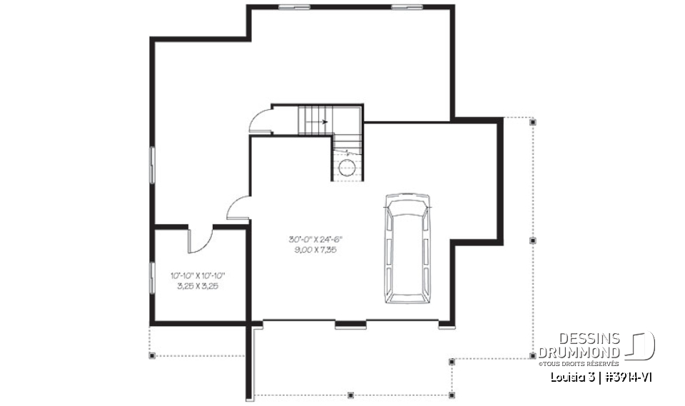 Sous-sol - Plan de chalet rustique au bord de l'eau, 3 chambres, garage sous la maison, coin bureau, mezzanine, solarium  - Louisia 3
