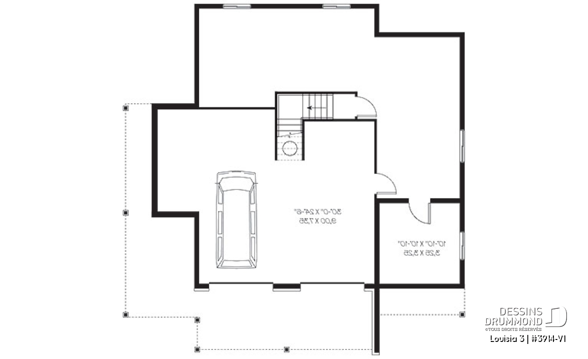 Sous-sol - Plan de chalet rustique au bord de l'eau, 3 chambres, garage sous la maison, coin bureau, mezzanine, solarium  - Louisia 3
