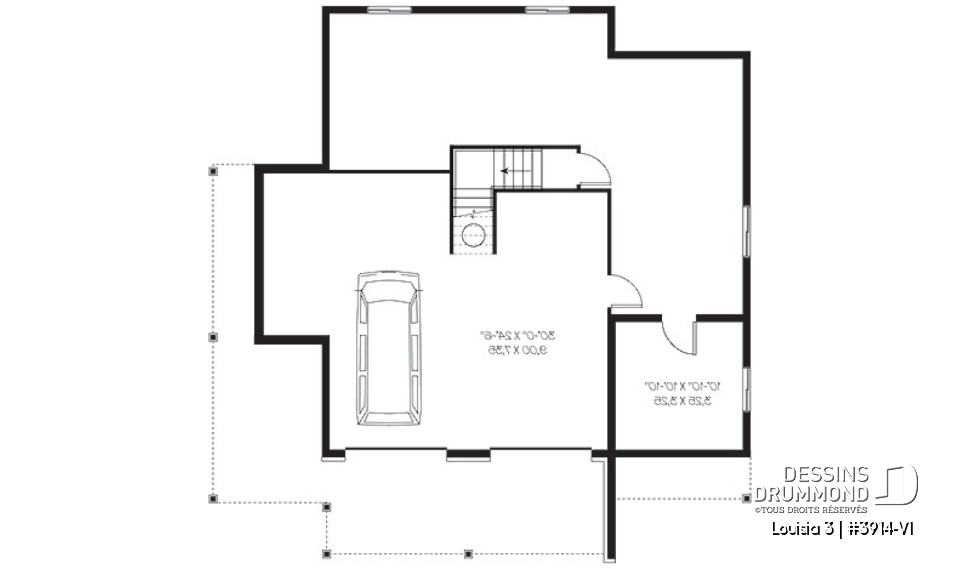 Sous-sol - Plan de chalet rustique au bord de l'eau, 3 chambres, garage sous la maison, coin bureau, mezzanine, solarium  - Louisia 3