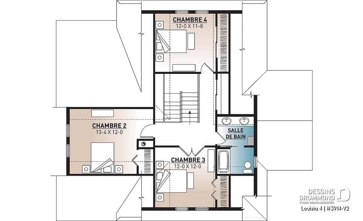 Étage - Plan chalet en montagne ou bord de l'eau, 4 chambres, foyer double face, garage double, solarium  - Louisia 4