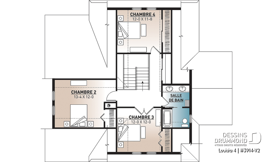 Étage - Plan chalet en montagne ou bord de l'eau, 4 chambres, foyer double face, garage double, solarium  - Louisia 4