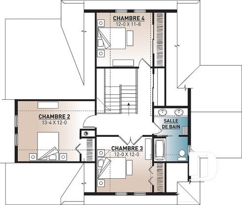 Étage - Plan chalet en montagne ou bord de l'eau, 4 chambres, foyer double face, garage double, solarium  - Louisia 4