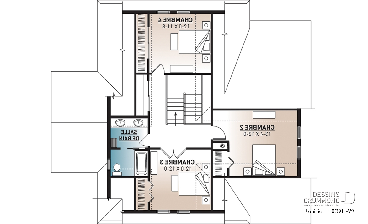 Étage - Plan chalet en montagne ou bord de l'eau, 4 chambres, foyer double face, garage double, solarium  - Louisia 4