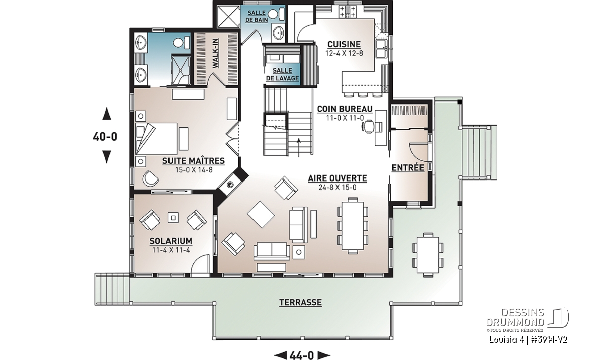 Rez-de-chaussée - Plan chalet en montagne ou bord de l'eau, 4 chambres, foyer double face, garage double, solarium  - Louisia 4