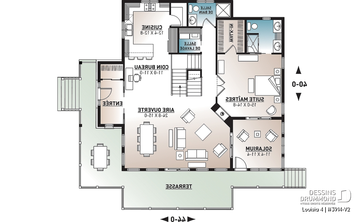 Rez-de-chaussée - Plan chalet en montagne ou bord de l'eau, 4 chambres, foyer double face, garage double, solarium  - Louisia 4