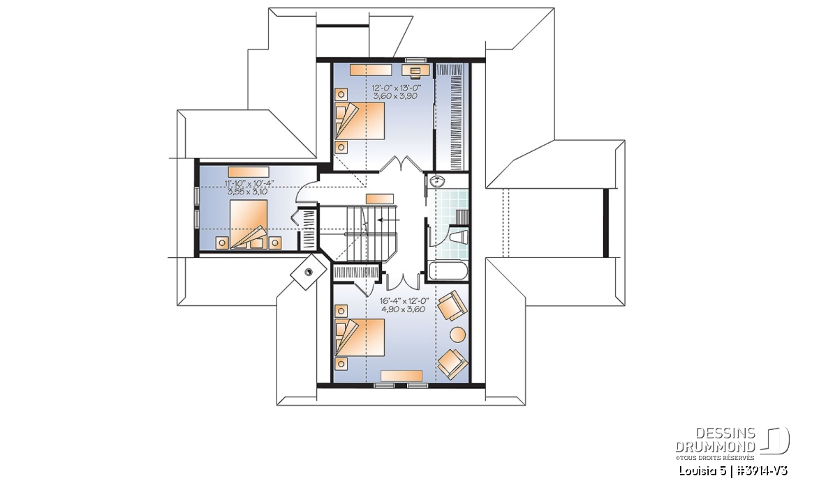Étage - Plan de chalet champêtre 4 chambres, bord de l'eau, abri moustiquaire, foyer, grande terrasse, buanderie - Louisia 5