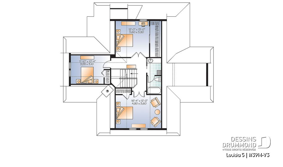 Étage - Plan de chalet champêtre 4 chambres, bord de l'eau, abri moustiquaire, foyer, grande terrasse, buanderie - Louisia 5
