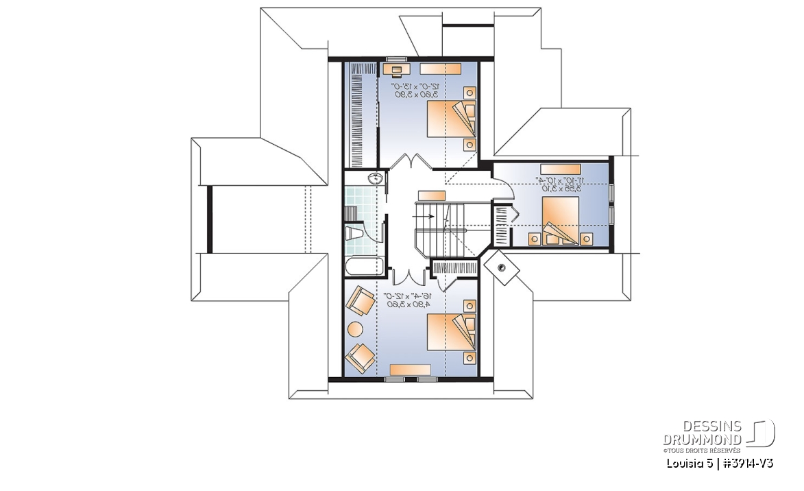 Étage - Plan de chalet champêtre 4 chambres, bord de l'eau, abri moustiquaire, foyer, grande terrasse, buanderie - Louisia 5