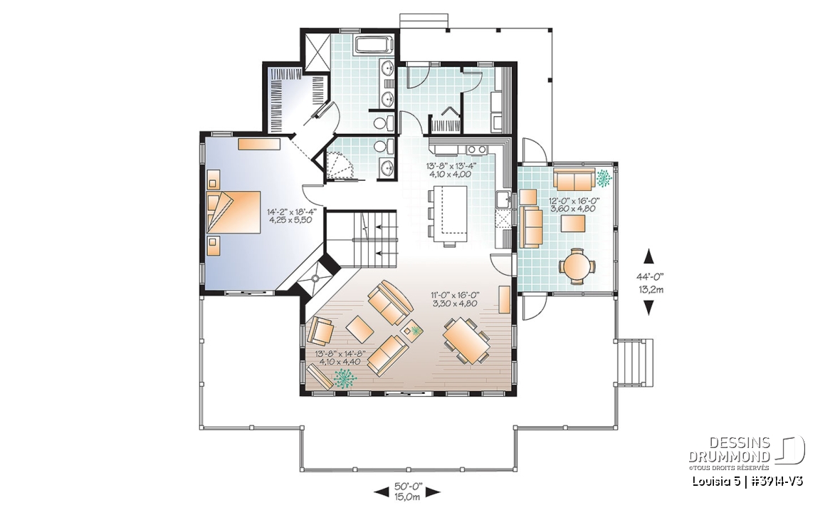 Rez-de-chaussée - Plan de chalet champêtre 4 chambres, bord de l'eau, abri moustiquaire, foyer, grande terrasse, buanderie - Louisia 5