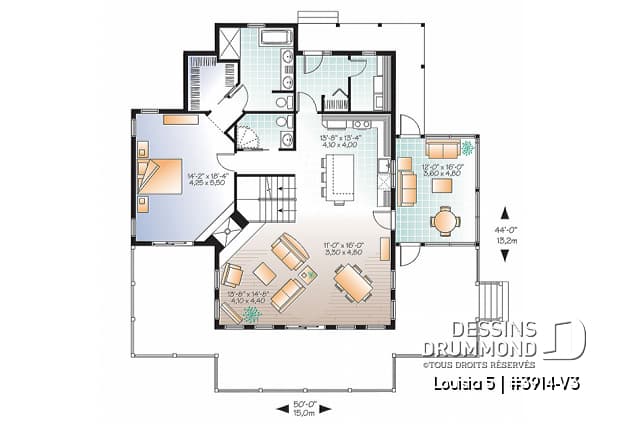 Rez-de-chaussée - Plan de chalet champêtre 4 chambres, bord de l'eau, abri moustiquaire, foyer, grande terrasse, buanderie - Louisia 5