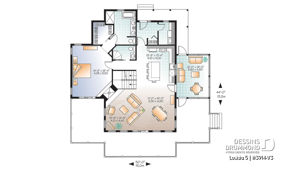 Rez-de-chaussée - Plan de chalet champêtre 4 chambres, bord de l'eau, abri moustiquaire, foyer, grande terrasse, buanderie - Louisia 5