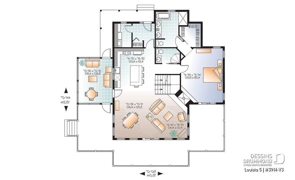 Rez-de-chaussée - Plan de chalet champêtre 4 chambres, bord de l'eau, abri moustiquaire, foyer, grande terrasse, buanderie - Louisia 5
