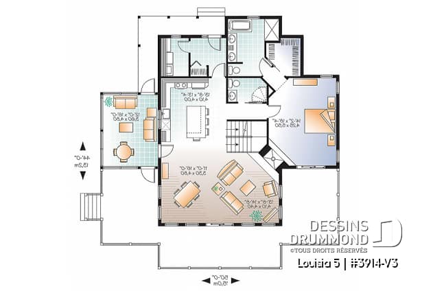 Rez-de-chaussée - Plan de chalet champêtre 4 chambres, bord de l'eau, abri moustiquaire, foyer, grande terrasse, buanderie - Louisia 5