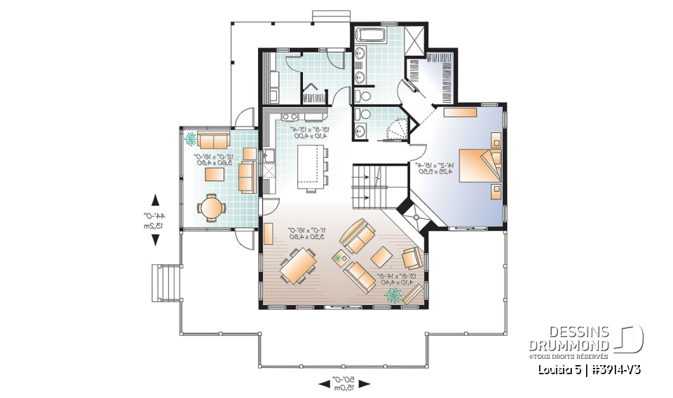 Rez-de-chaussée - Plan de chalet champêtre 4 chambres, bord de l'eau, abri moustiquaire, foyer, grande terrasse, buanderie - Louisia 5