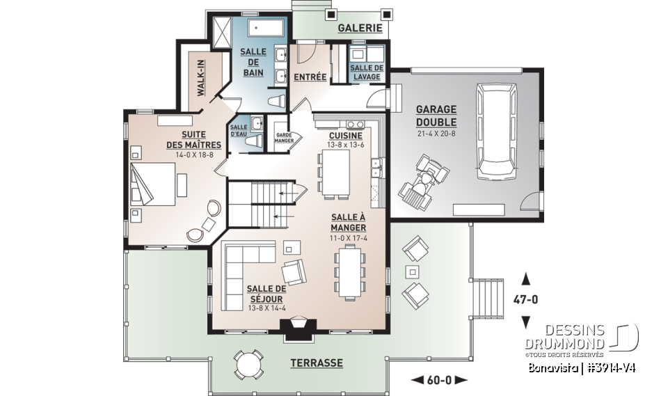 Rez-de-chaussée - Plan de Chalet rustique 4 chambres, 3 salles de bain, avec vue panoramique et garage double - Bonavista
