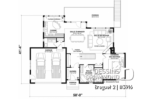 Rez-de-chaussée - Plan de maison genre chalet vue panoramique, 1 à 4+ chambres, 2 foyers, garage double, grande terrasse - Breguet 2