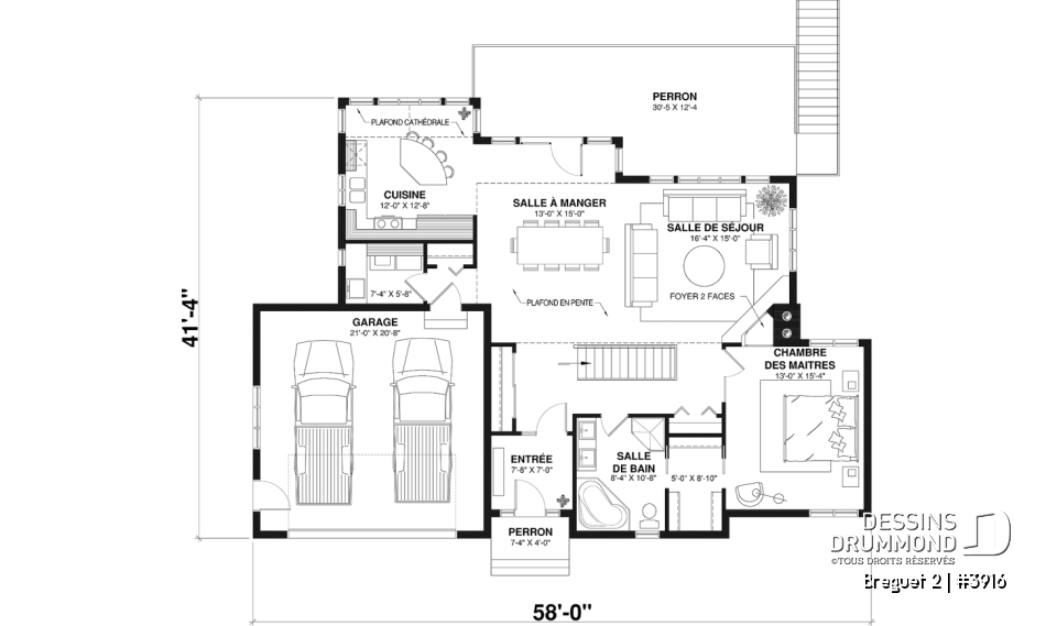 Rez-de-chaussée - Plan de maison genre chalet vue panoramique, 1 à 4+ chambres, 2 foyers, garage double, grande terrasse - Breguet 2