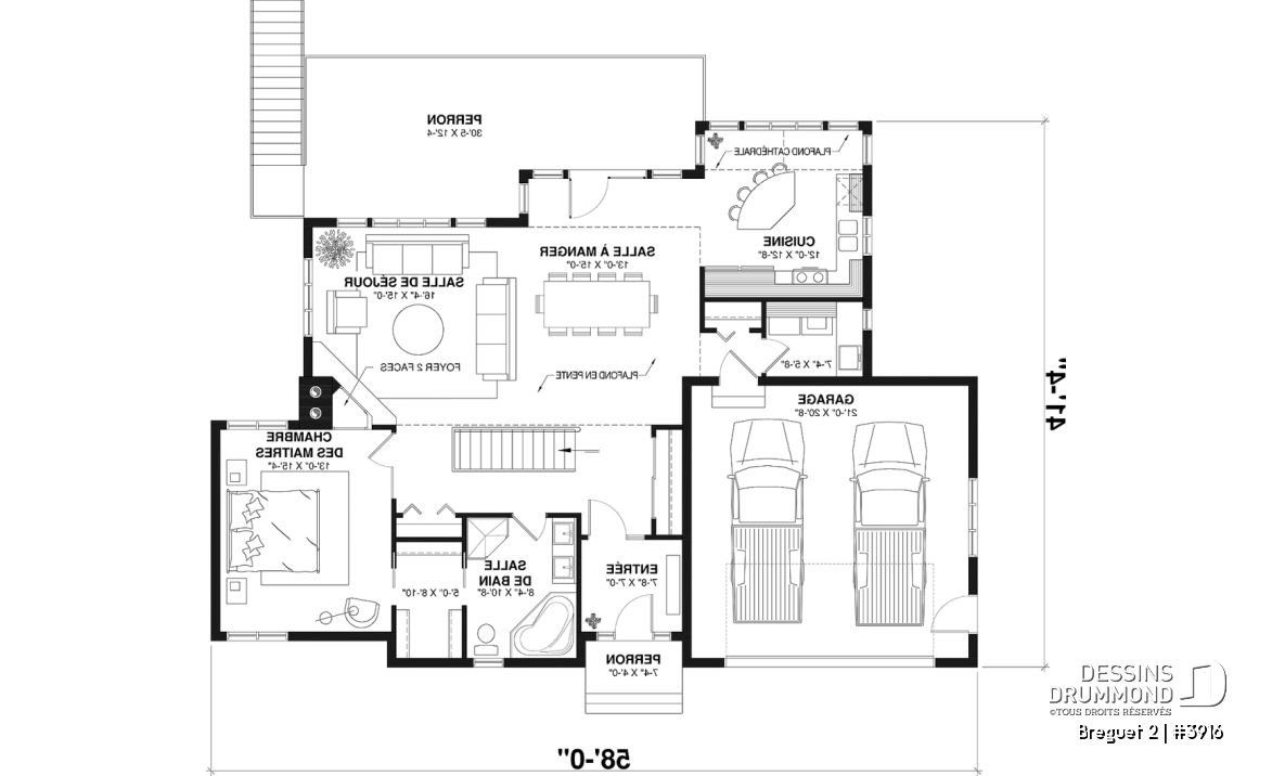 Rez-de-chaussée - Plan de maison genre chalet vue panoramique, 1 à 4+ chambres, 2 foyers, garage double, grande terrasse - Breguet 2