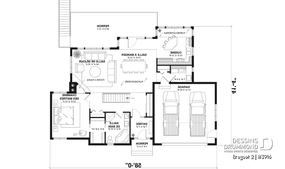 Rez-de-chaussée - Plan de maison genre chalet vue panoramique, 1 à 4+ chambres, 2 foyers, garage double, grande terrasse - Breguet 2