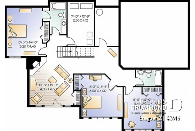 Sous-sol - Plan de maison genre chalet vue panoramique, 1 à 4+ chambres, 2 foyers, garage double, grande terrasse - Breguet 2