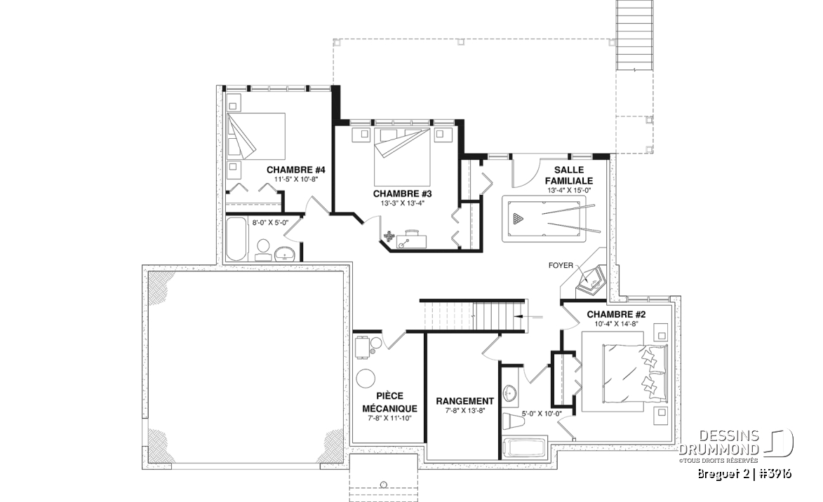 Sous-sol aménagé (Optionel $) - Plan de maison genre chalet vue panoramique, 1 à 4+ chambres, 2 foyers, garage double, grande terrasse - Breguet 2