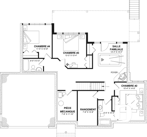 Sous-sol aménagé (Optionel $) - Plan de maison genre chalet vue panoramique, 1 à 4+ chambres, 2 foyers, garage double, grande terrasse - Breguet 2