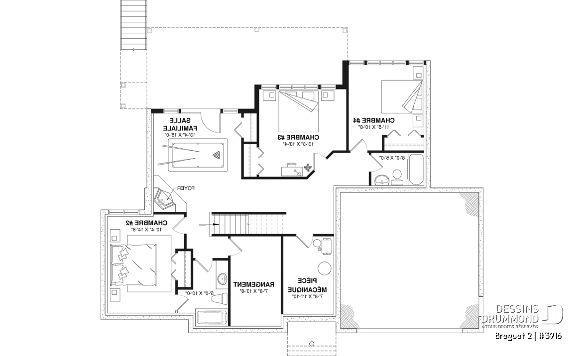 Sous-sol aménagé (Optionel $) - Plan de maison genre chalet vue panoramique, 1 à 4+ chambres, 2 foyers, garage double, grande terrasse - Breguet 2