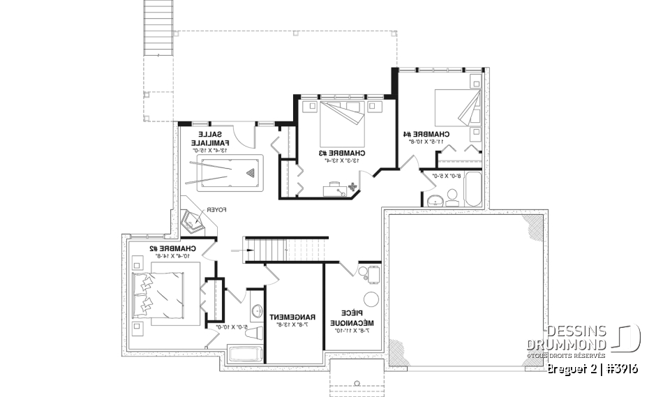 Sous-sol aménagé (Optionel $) - Plan de maison genre chalet vue panoramique, 1 à 4+ chambres, 2 foyers, garage double, grande terrasse - Breguet 2