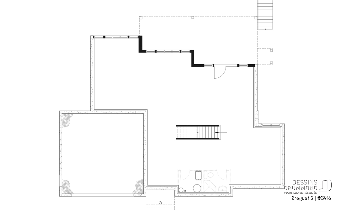 Sous-sol aménageable - Plan de maison genre chalet vue panoramique, 1 à 4+ chambres, 2 foyers, garage double, grande terrasse - Breguet 2