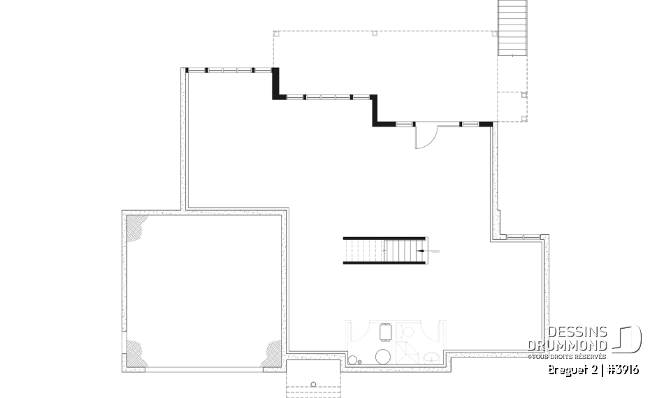 Sous-sol aménageable - Plan de maison genre chalet vue panoramique, 1 à 4+ chambres, 2 foyers, garage double, grande terrasse - Breguet 2