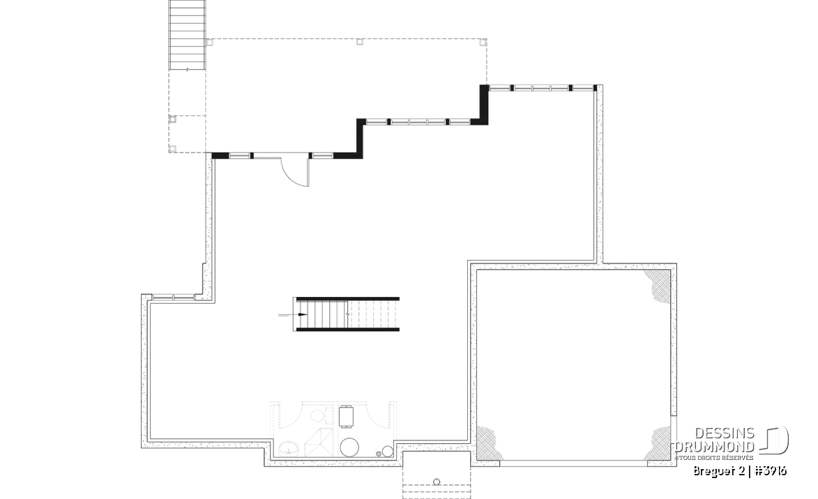 Sous-sol aménageable - Plan de maison genre chalet vue panoramique, 1 à 4+ chambres, 2 foyers, garage double, grande terrasse - Breguet 2