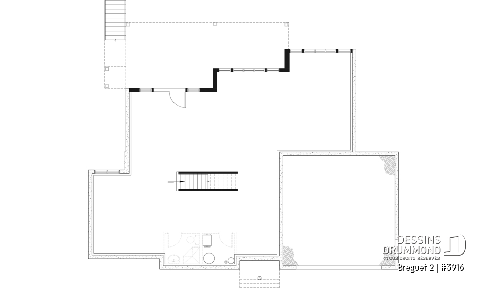 Sous-sol aménageable - Plan de maison genre chalet vue panoramique, 1 à 4+ chambres, 2 foyers, garage double, grande terrasse - Breguet 2