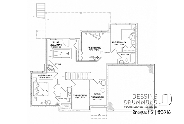 Sous-sol - Plan de maison genre chalet vue panoramique, 1 à 4+ chambres, 2 foyers, garage double, grande terrasse - Breguet 2