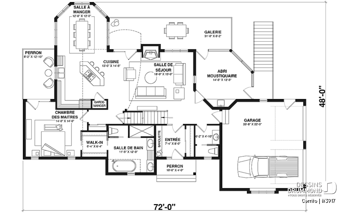 Rez-de-chaussée - Plan maison bord de l'eau, 2 à 4 chambres, garage, solarium, plafond cathédrale, foyer, grand balcon - Cerrito