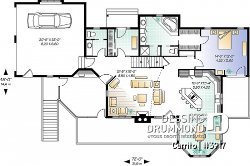 Rez-de-chaussée - Plan maison bord de l'eau, 2 à 4 chambres, garage, solarium, plafond cathédrale, foyer, grand balcon - Cerrito
