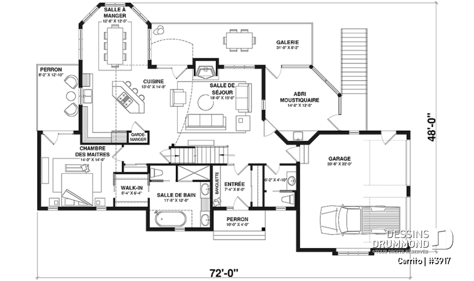 Rez-de-chaussée - Plan maison bord de l'eau, 2 à 4 chambres, garage, solarium, plafond cathédrale, foyer, grand balcon - Cerrito