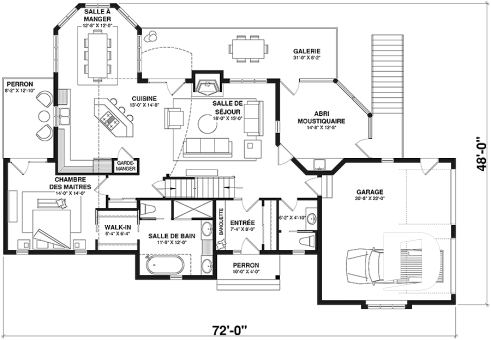 Rez-de-chaussée - Plan maison bord de l'eau, 2 à 4 chambres, garage, solarium, plafond cathédrale, foyer, grand balcon - Cerrito